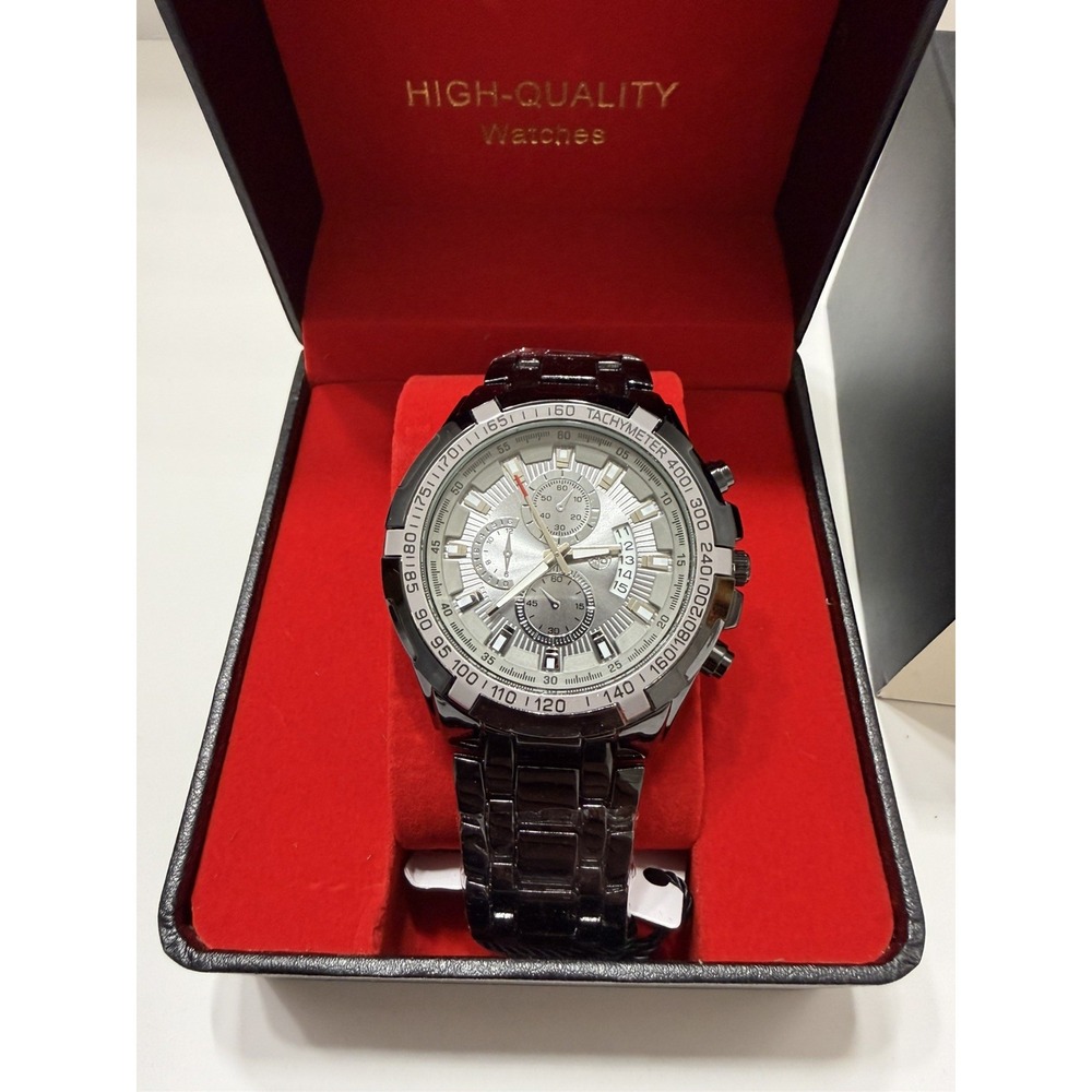 AJ Brand Silver Men's Chronograph Watch Gray Dial Black stainless steel band
